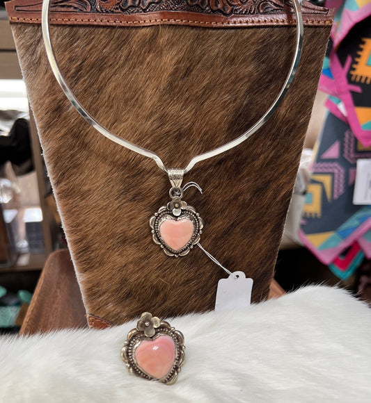 Tibetan Silver Pink Concho - Heart Pendant and Adjustable Ring Cedar Hill Country Market