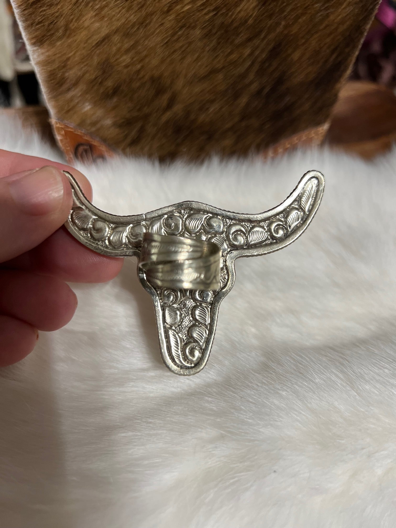 Bone Carved Bull Skull Adjustable Ring - Tibetan Silver Cedar Hill Country Market