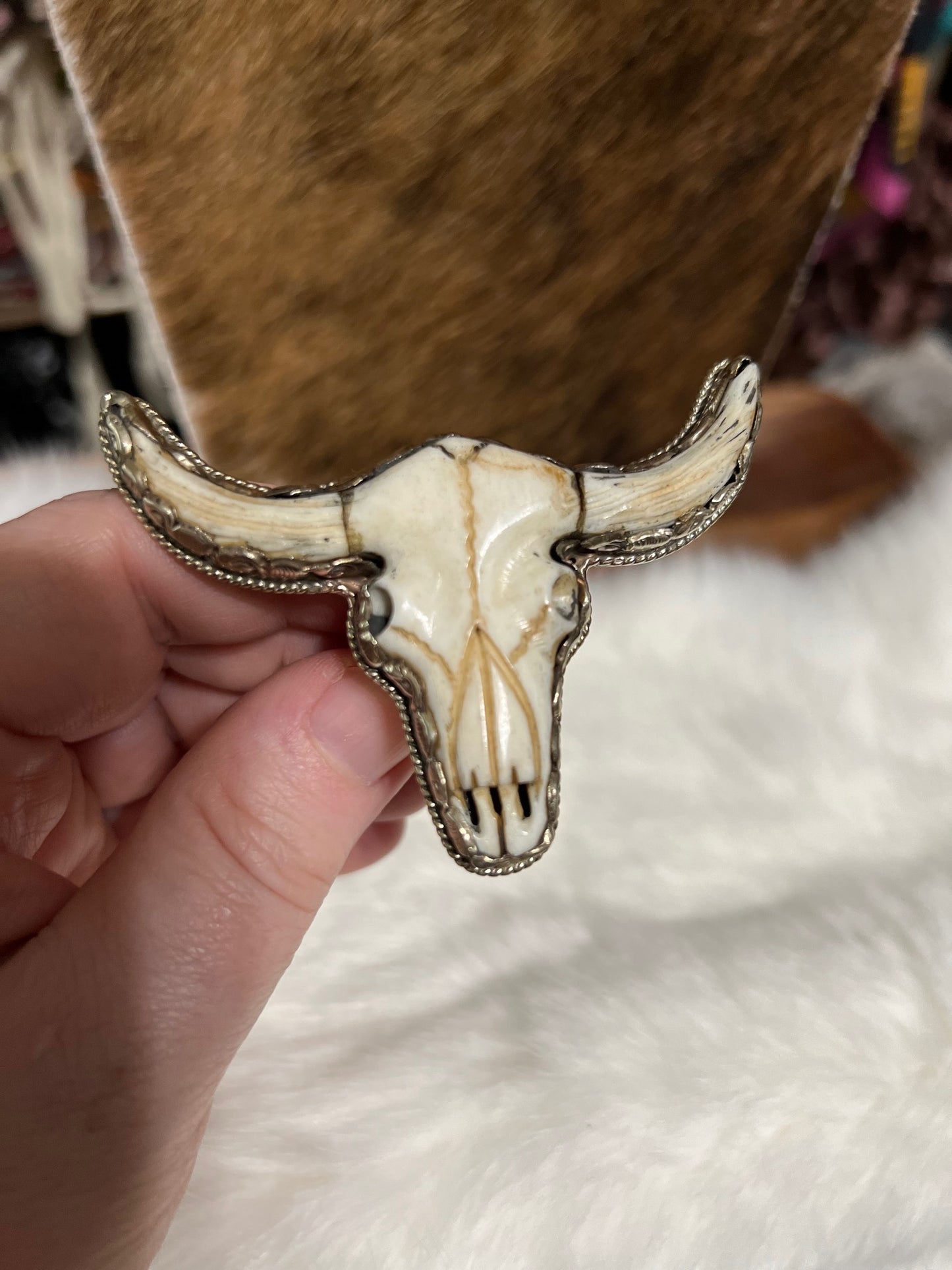 Bone Carved Bull Skull Adjustable Ring - Tibetan Silver Cedar Hill Country Market