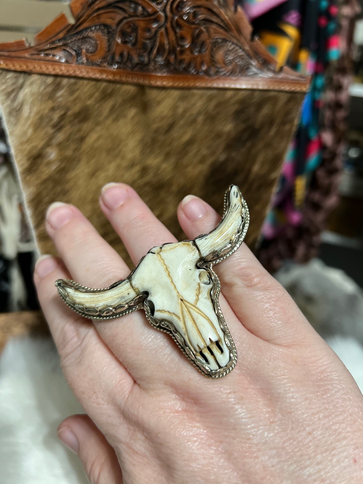 Bone Carved Bull Skull Adjustable Ring - Tibetan Silver Cedar Hill Country Market