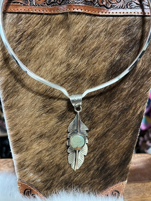 Native American Feather w/ Genuine Turquoise Stone Pendant CedarHill Country Market