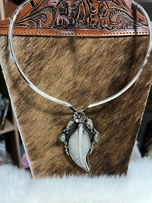 Bone Carved Native Feather with two Genuine Turquoise Stones - Pendant Cedar Hill Country Market