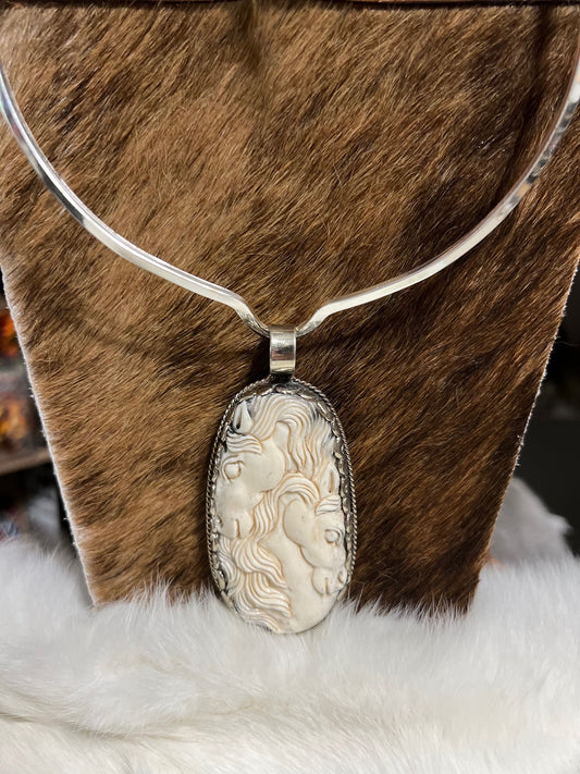 Double Horse - Carved Bone in Tibetan Silver Pendant Cedar Hill Country Market