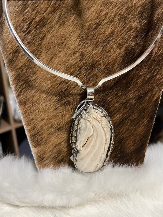 Horse Pendant - Carved Bone in Tibetan Silver Pendant Cedar Hill Country Market