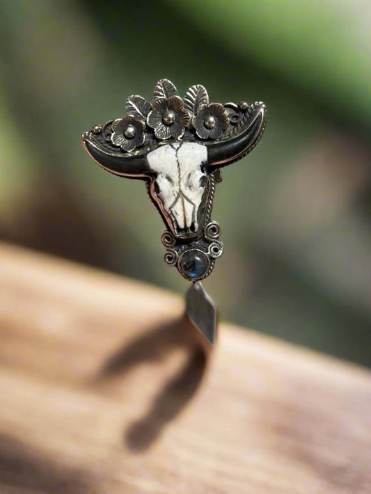 Black Horned Bull Skull Ring - Carved Bone & Tibetan Silver Cedar Hill Country Market