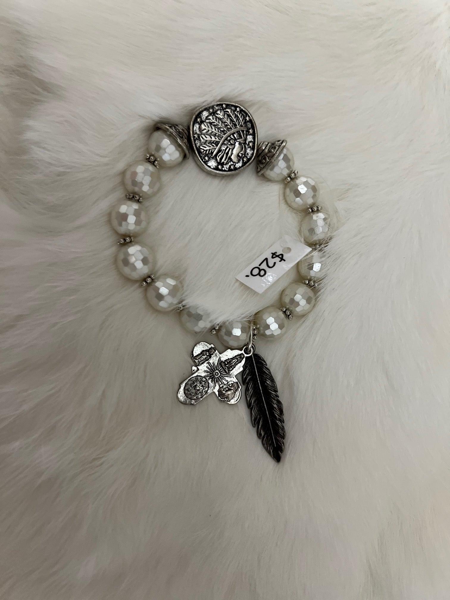 Sandra Ling Indian Head Pearl and Feather Stretch Bracelet Cedar Hill Country Market