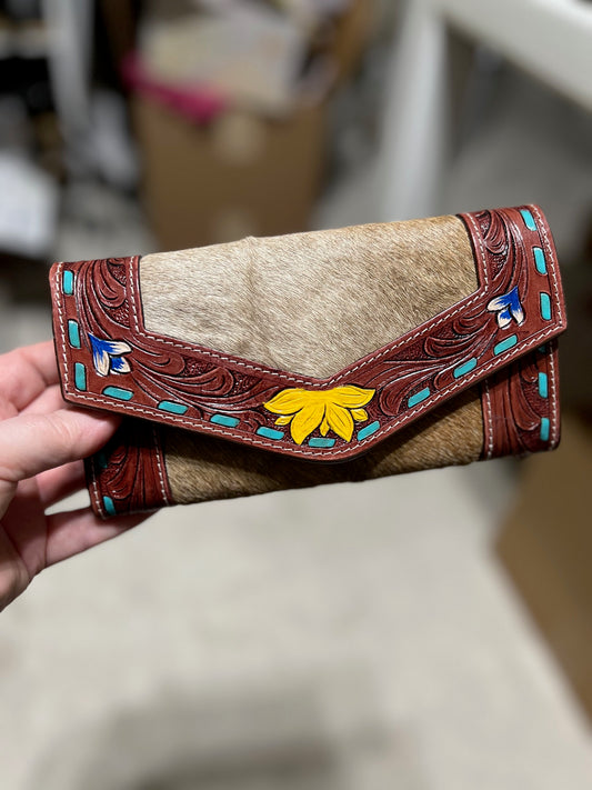 Sunflower and Cowhide with Turquoise Whip Stitch Envelope Wallet Cedar Hill Country Market