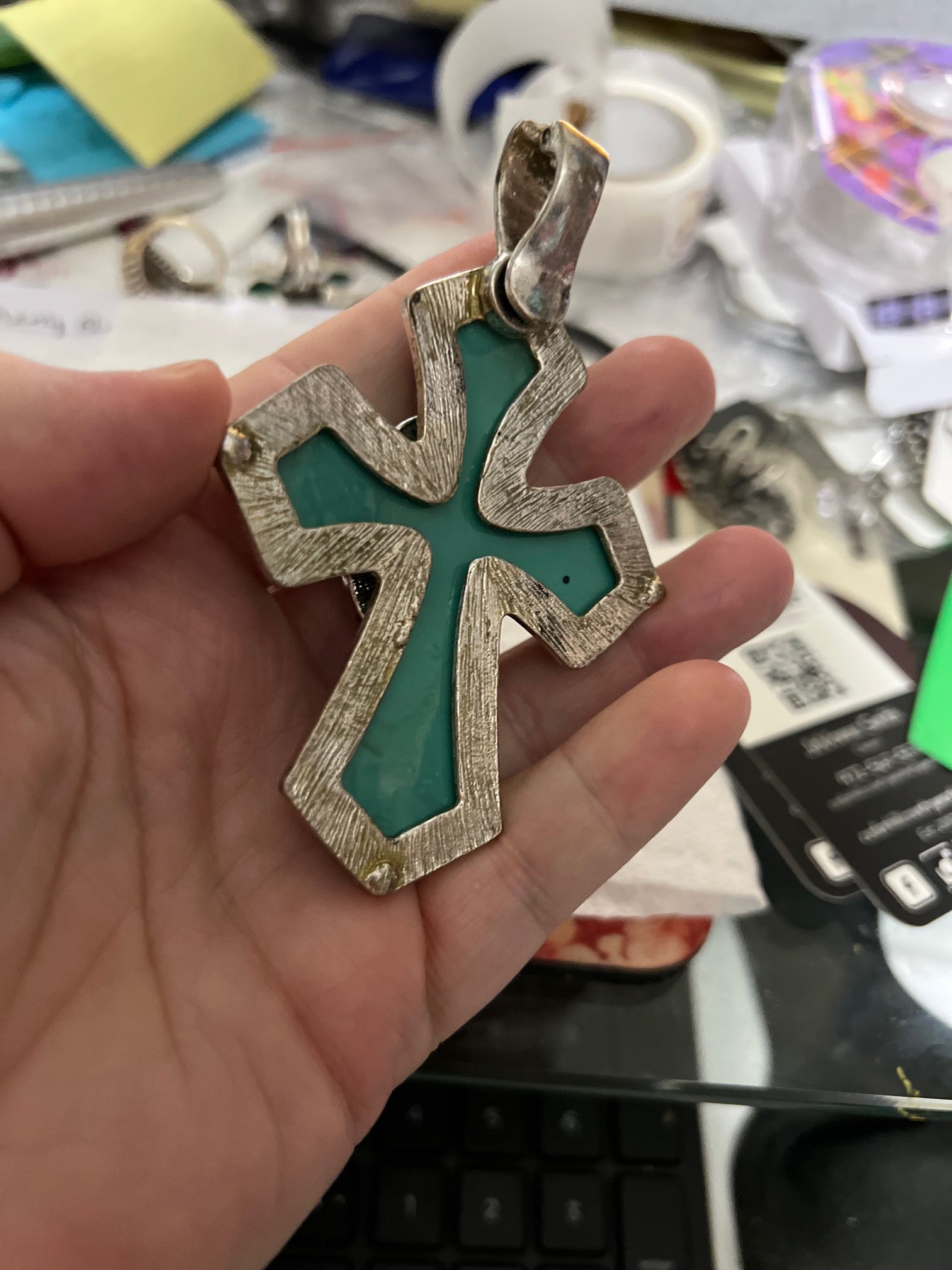 Chunky Ornate Faux Turquoise Cross Pendant - 4 inch Cedar Hill Country Market