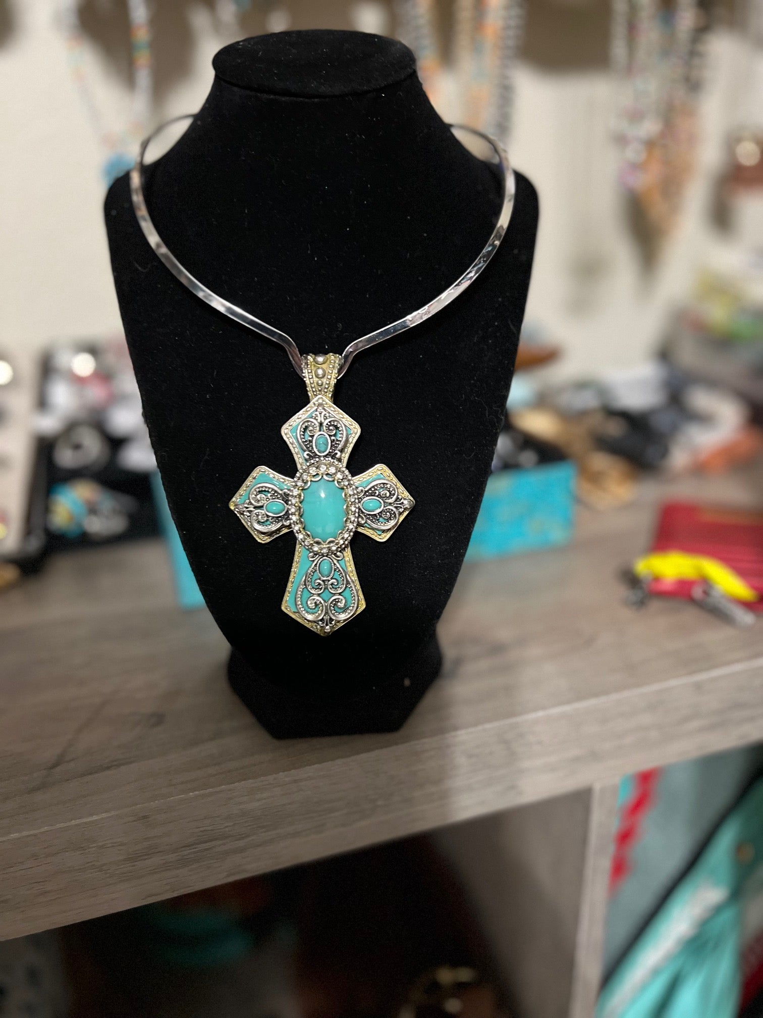 Chunky Ornate Faux Turquoise Cross Pendant - 4 inch Cedar Hill Country Market