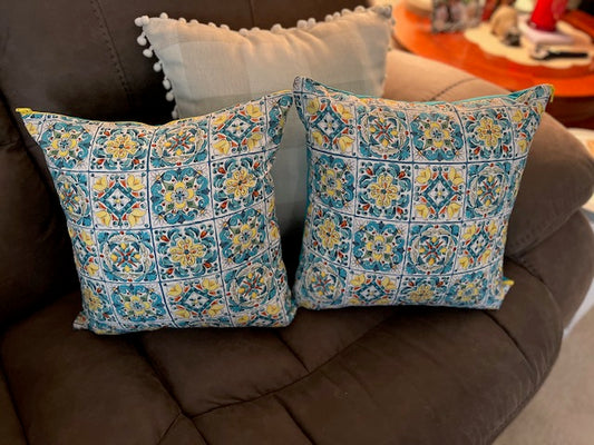 Mediterranean Turquoise and Yellow Tiled  Pillow Covers - Set of 2 (Copy) CedarHill Country Market