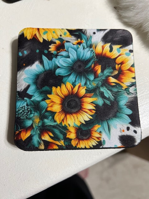 Turquoise Sunflower Neoprene 4 Inch Square Coasters - Set of 4 Cedar Hill Country Market