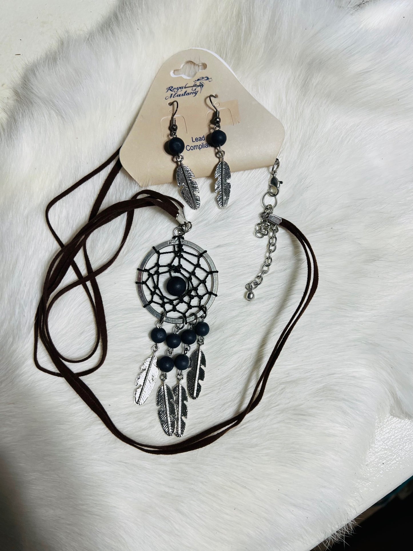 Native Dreamcatcher Leather Strap Necklace with Feather Charms and Feather Earrings Cedar Hill Country Market