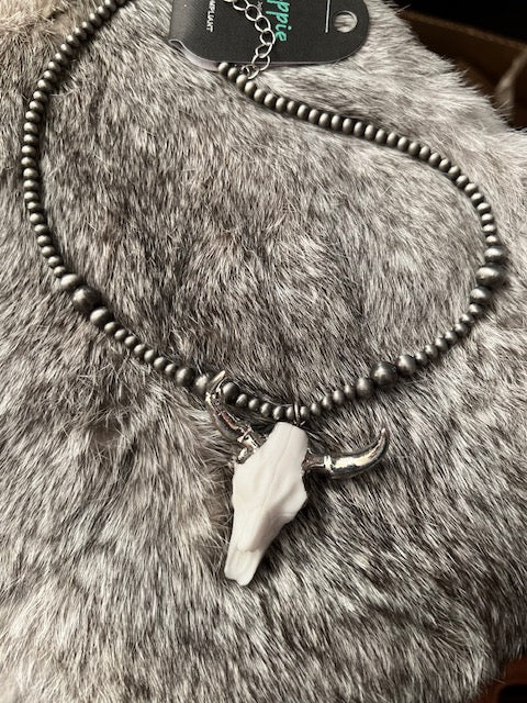 White and Silver Bull Head on Navajo Pearl Necklace - 16 inch Cedar Hill Country Market