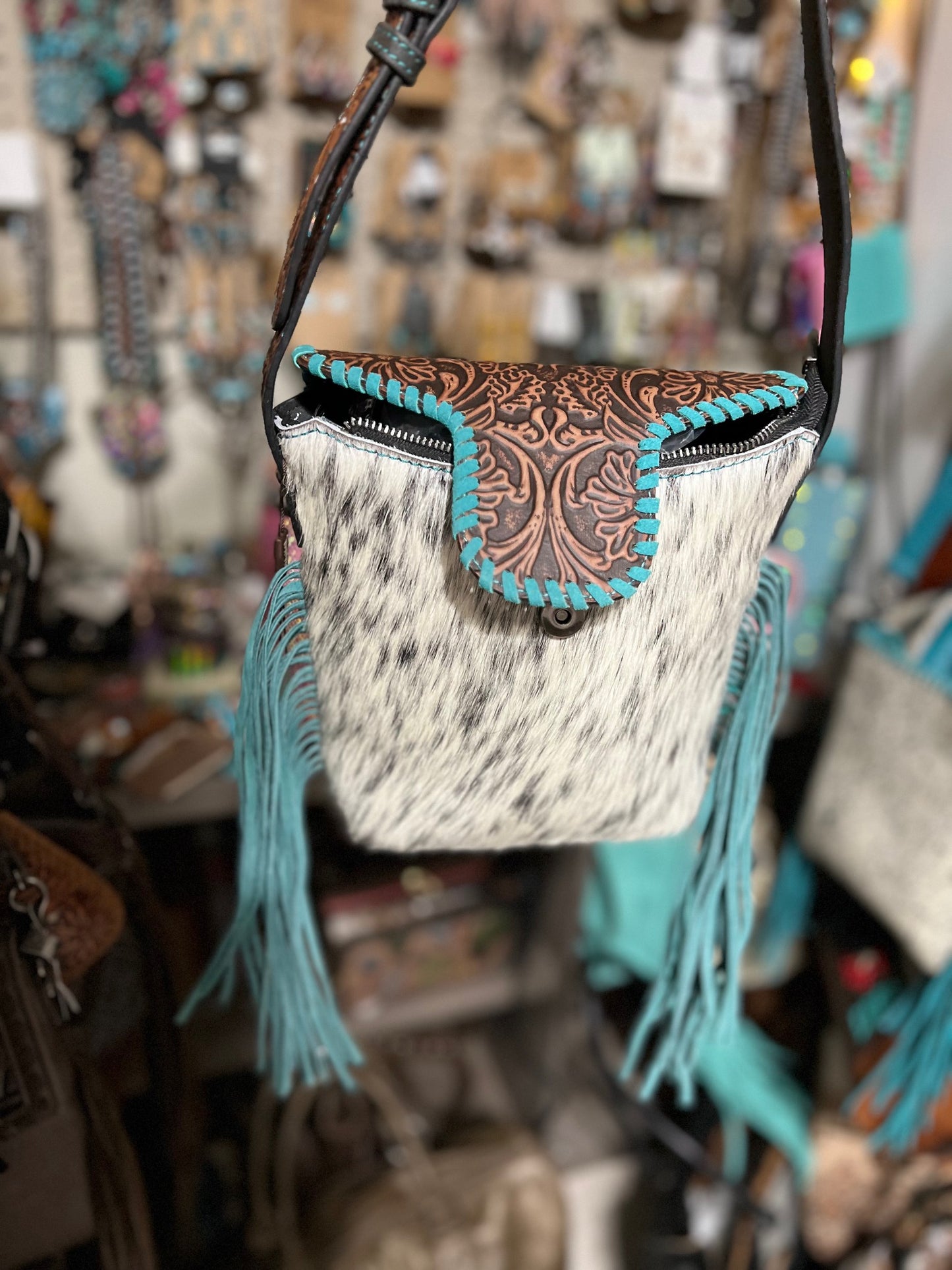 Trinity Ranch Genuine Hair-On Cowhide Tooled Fringe Shoulder Handbag Cedar Hill Country Market