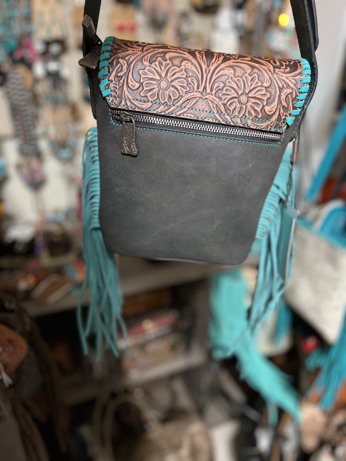 Trinity Ranch Genuine Hair-On Cowhide Tooled Fringe Shoulder Handbag Cedar Hill Country Market