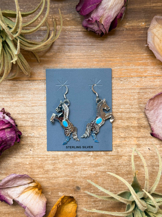 The Trouble – Sterling Silver Horse Earrings with Kingman Turquoise – Native Made by L.Y. The Bijoux FAB Jewelry