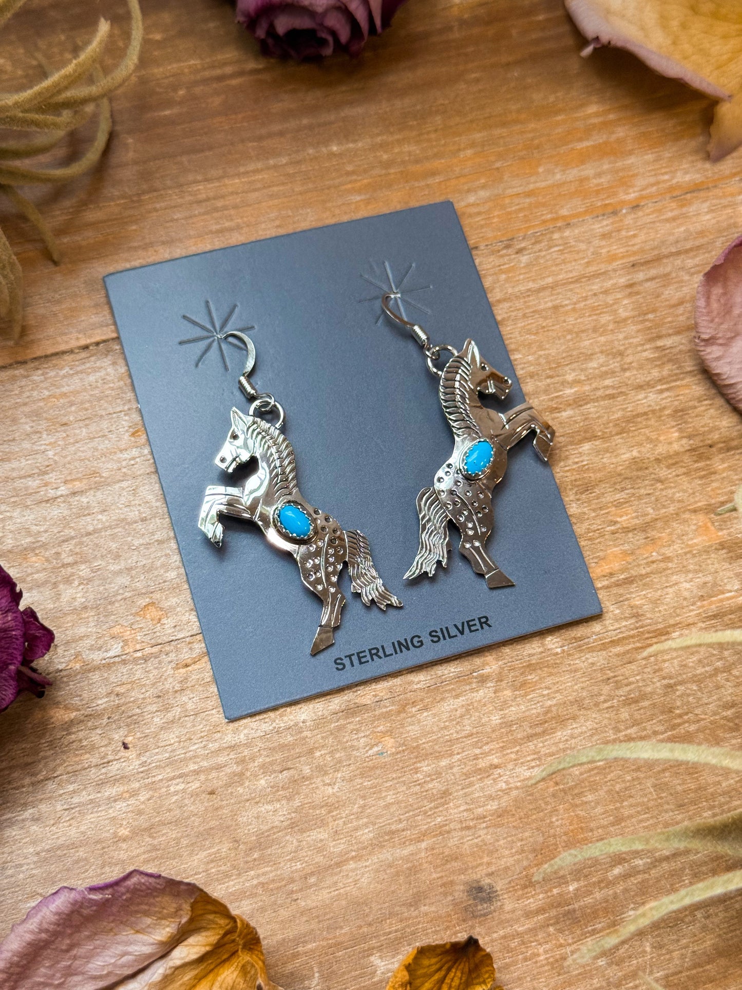 The Trouble – Sterling Silver Horse Earrings with Kingman Turquoise – Native Made by L.Y. The Bijoux FAB Jewelry