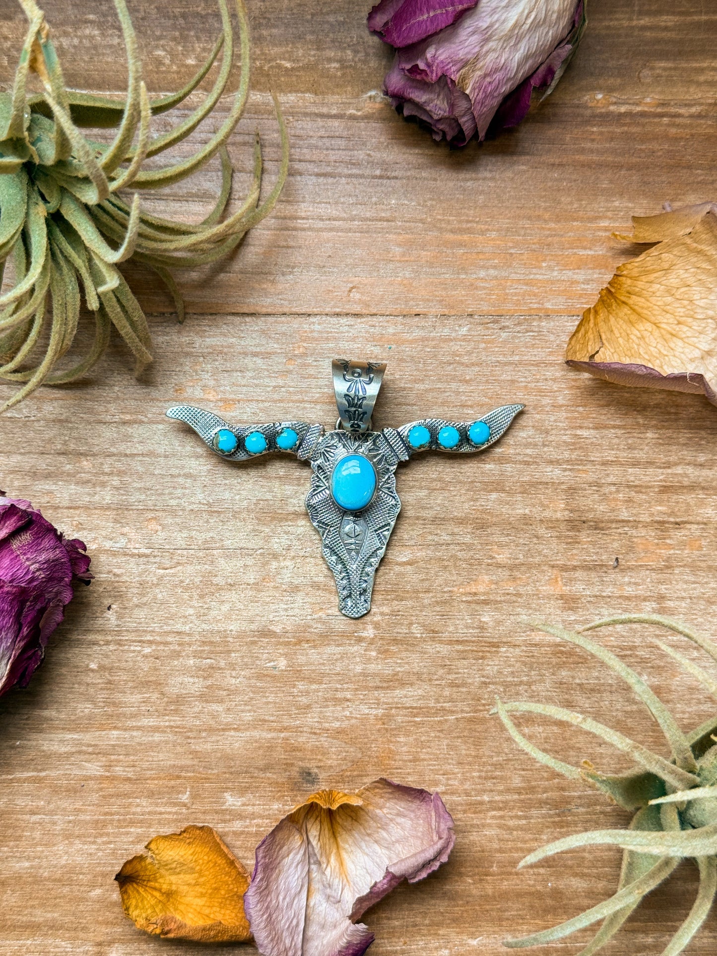 Sterling Silver Longhorn Pendant with Golden Hill Turquoise – Native Made by Leroy James (Navajo Artist) The Bijoux FAB Jewelry
