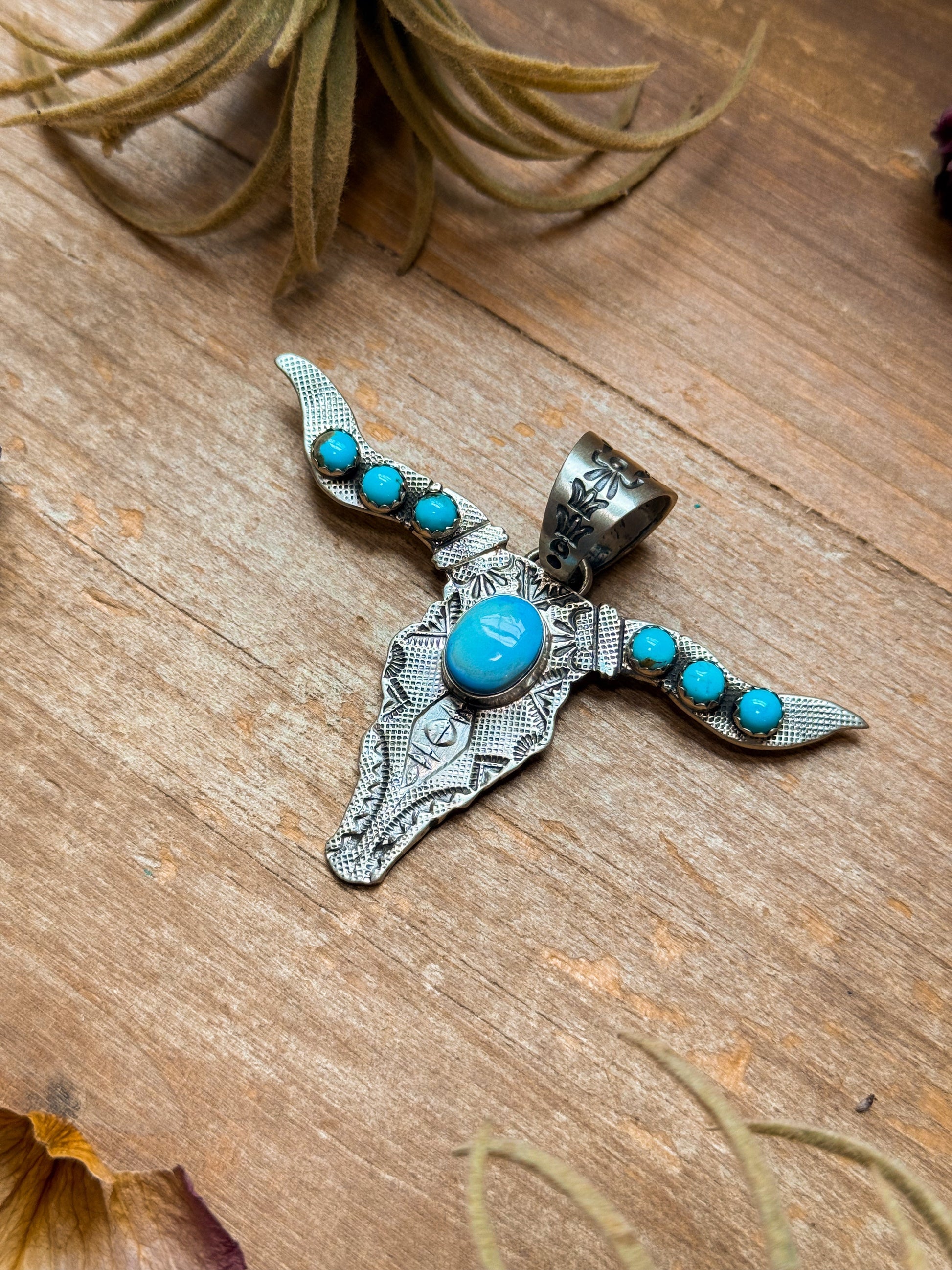 Sterling Silver Longhorn Pendant with Golden Hill Turquoise – Native Made by Leroy James (Navajo Artist) The Bijoux FAB Jewelry
