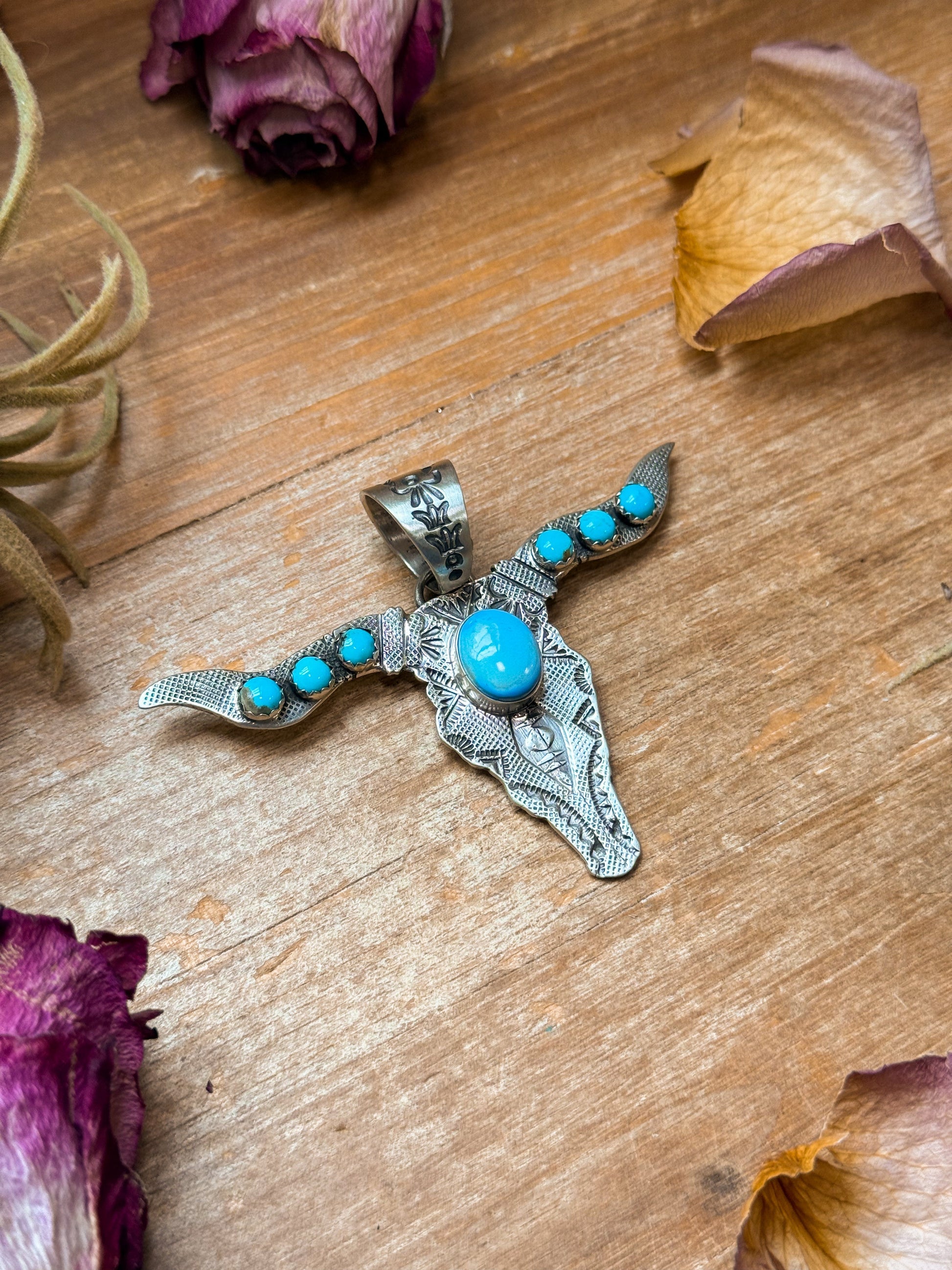 Sterling Silver Longhorn Pendant with Golden Hill Turquoise – Native Made by Leroy James (Navajo Artist) The Bijoux FAB Jewelry