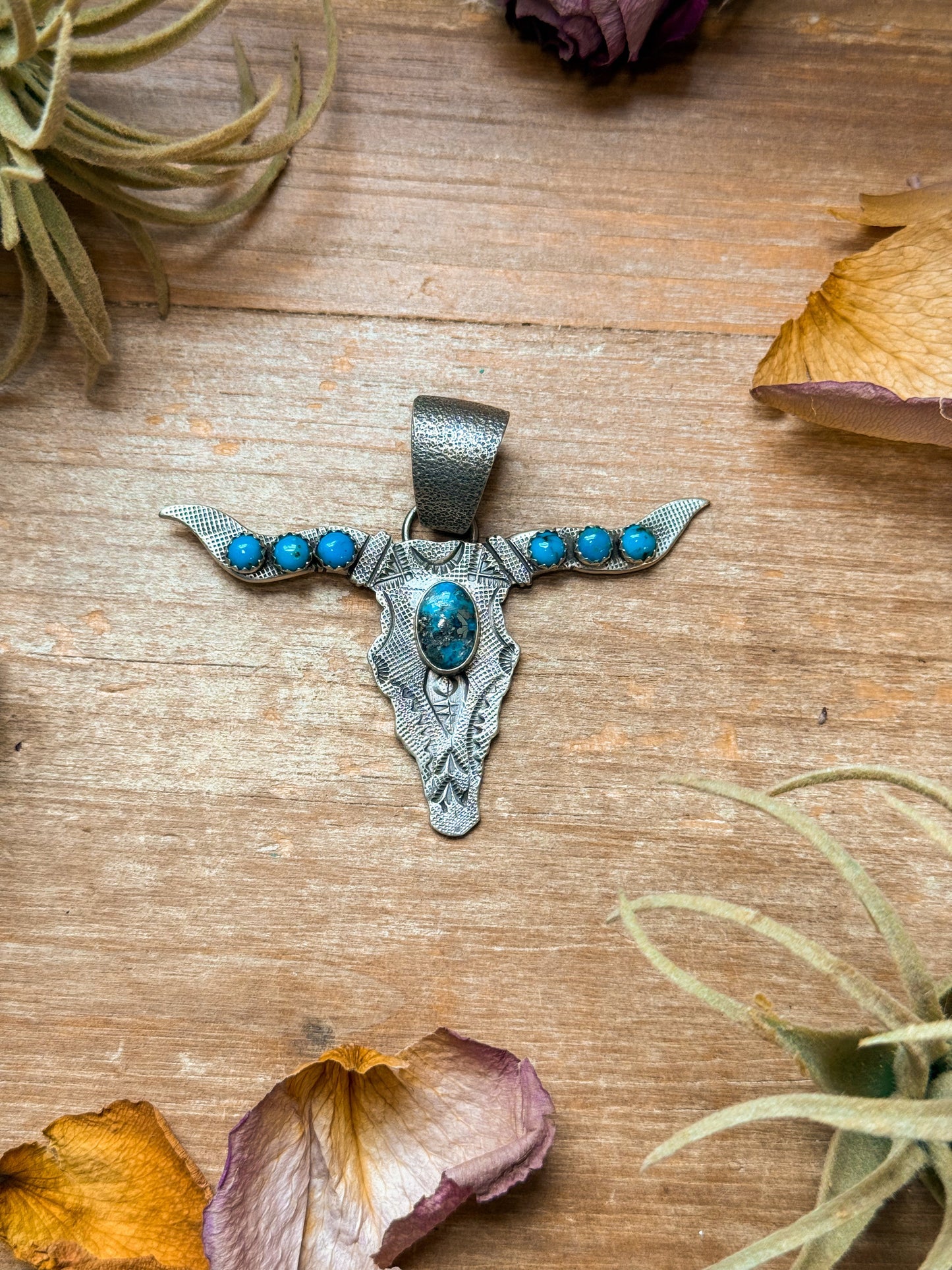 Sterling Silver Longhorn Pendant with Kingman Turquoise – Native Made by Leroy James (Navajo Artist) The Bijoux FAB Jewelry