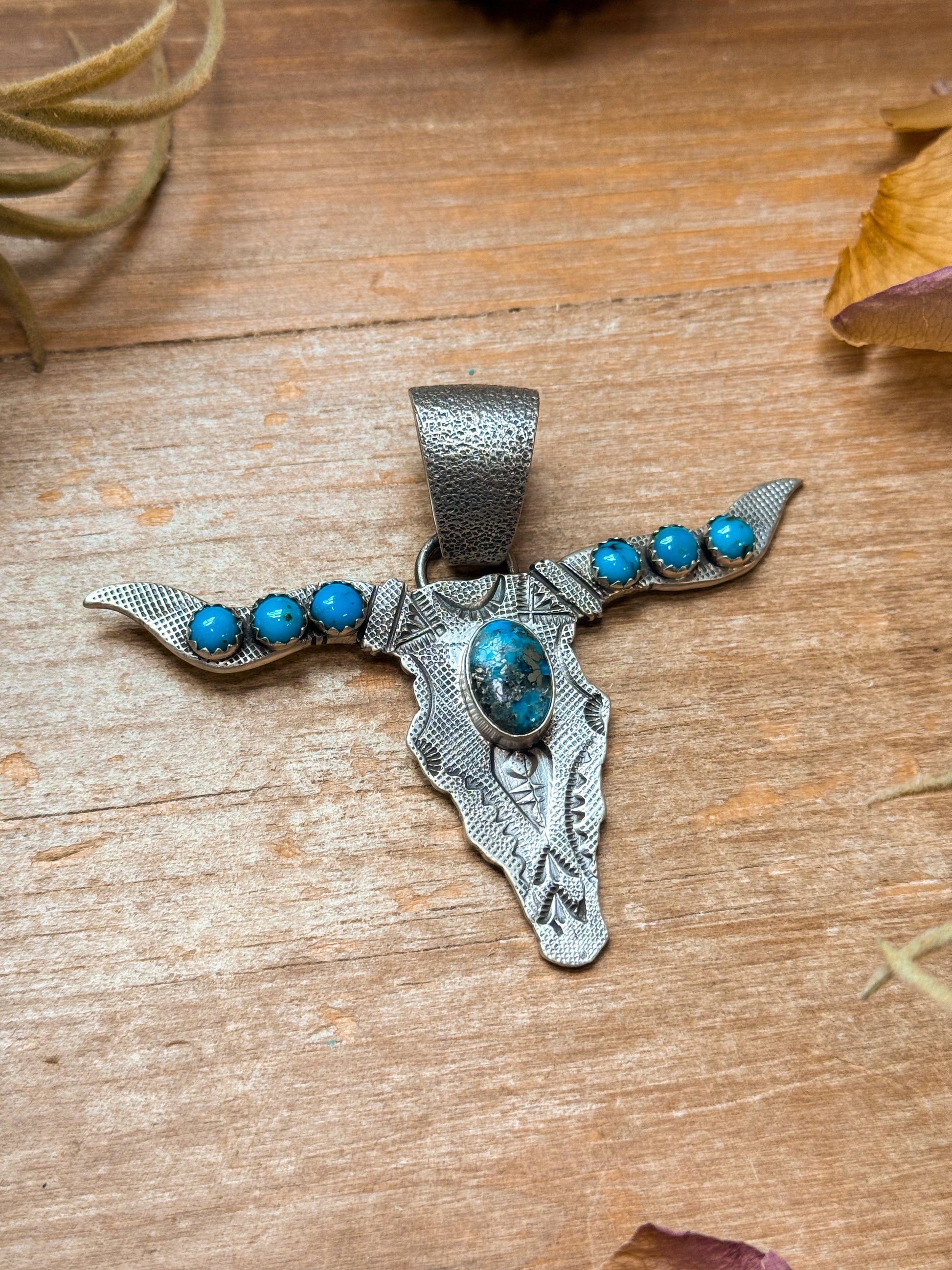 Sterling Silver Longhorn Pendant with Kingman Turquoise – Native Made by Leroy James (Navajo Artist) The Bijoux FAB Jewelry