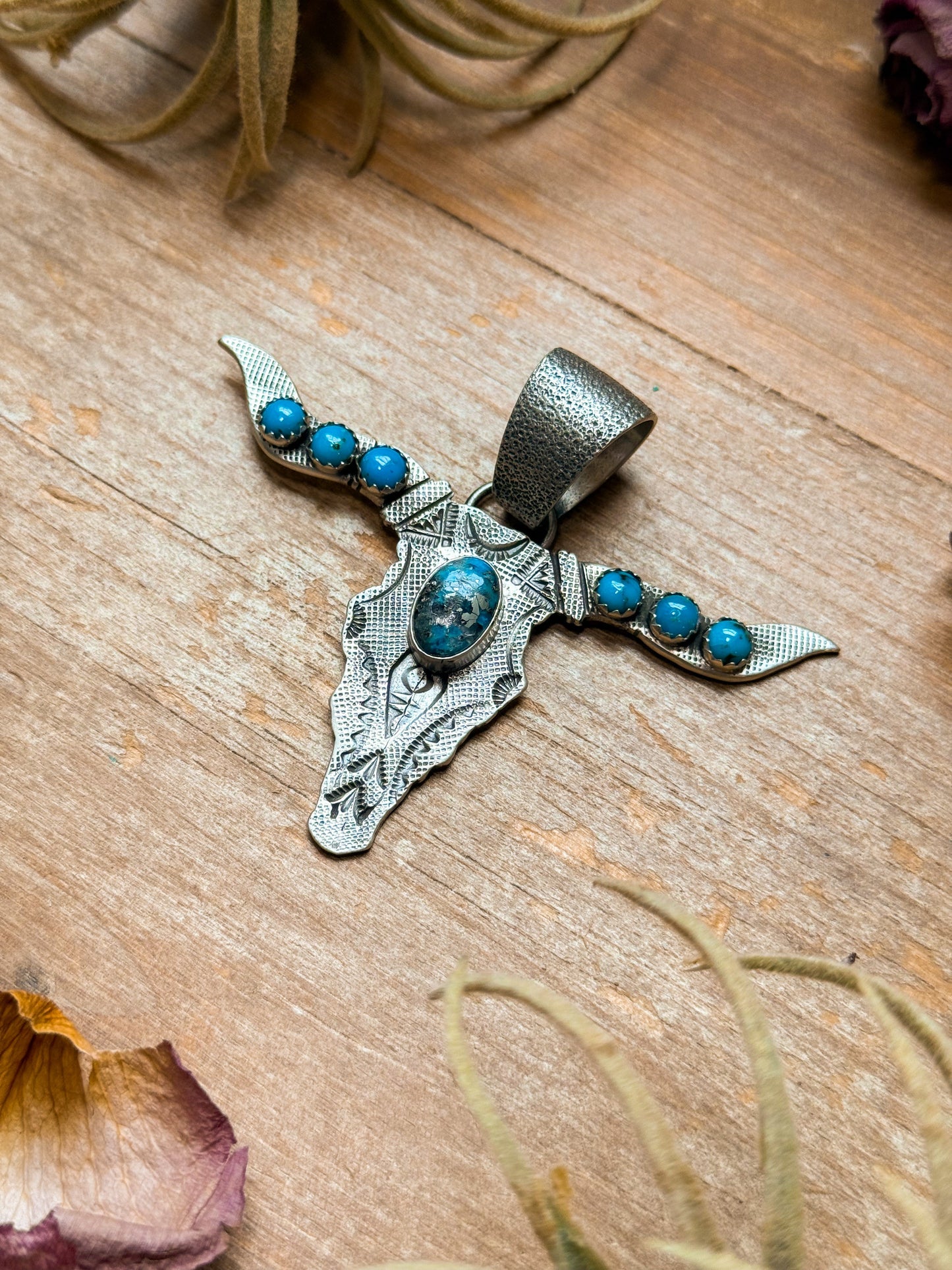 Sterling Silver Longhorn Pendant with Kingman Turquoise – Native Made by Leroy James (Navajo Artist) The Bijoux FAB Jewelry