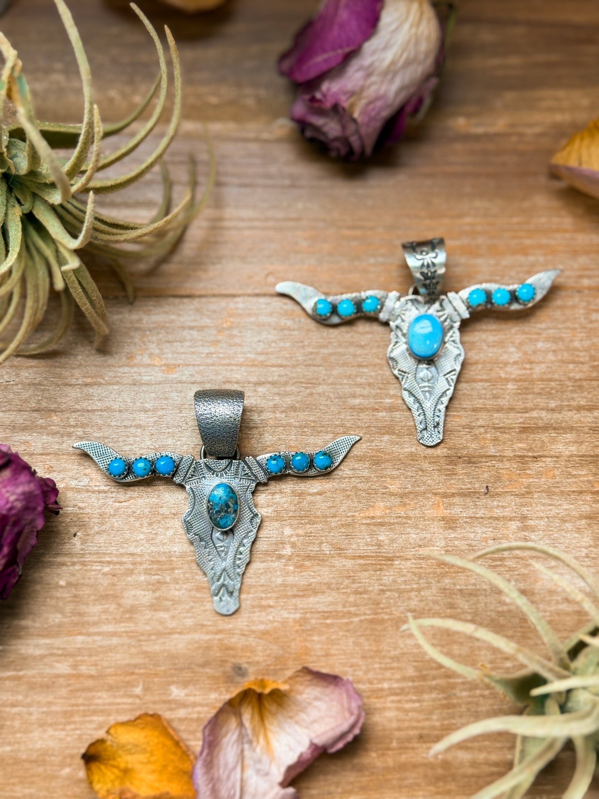 Sterling Silver Longhorn Pendant with Golden Hill Turquoise – Native Made by Leroy James (Navajo Artist) The Bijoux FAB Jewelry