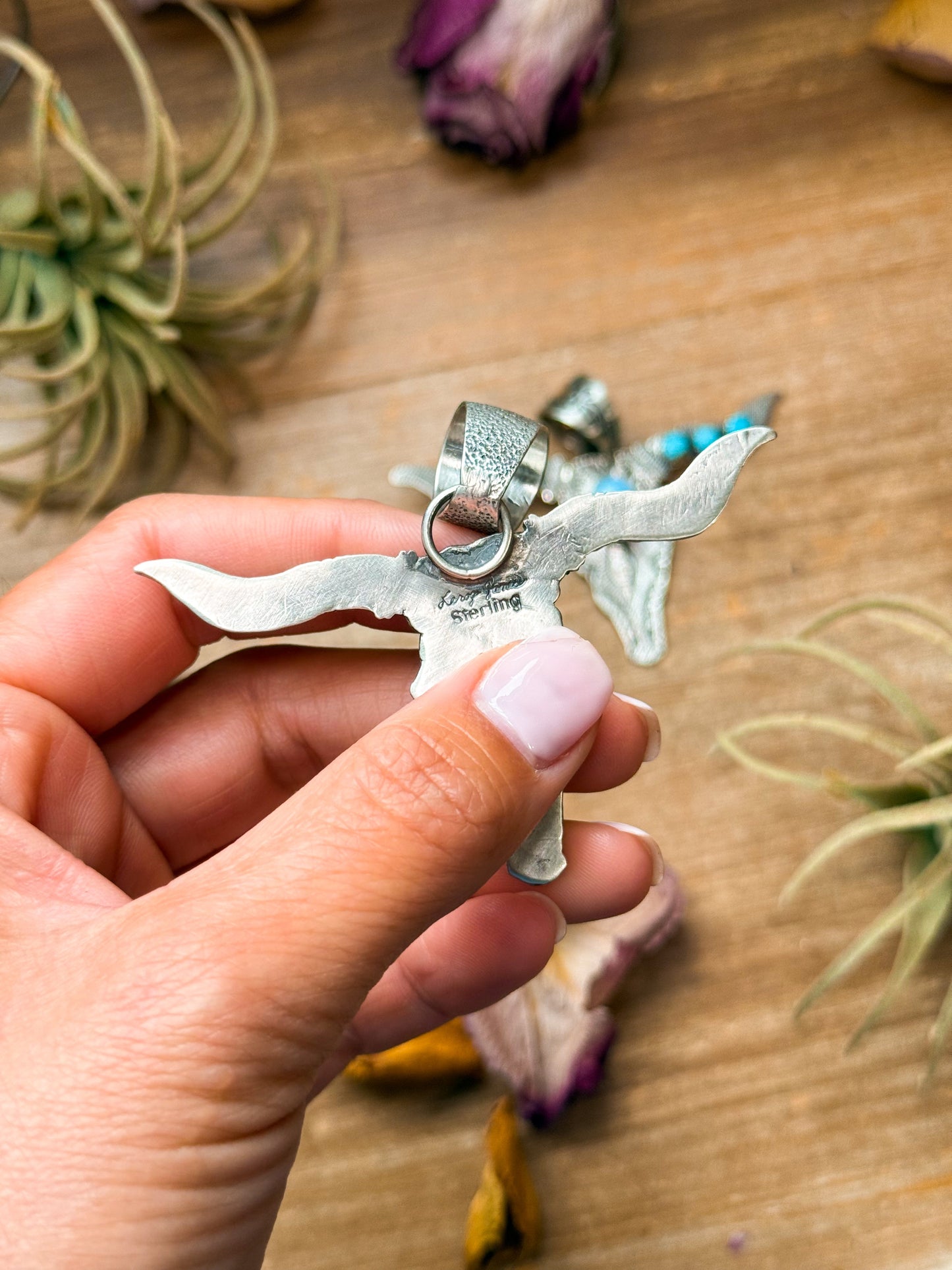 Sterling Silver Longhorn Pendant with Golden Hill Turquoise – Native Made by Leroy James (Navajo Artist) The Bijoux FAB Jewelry