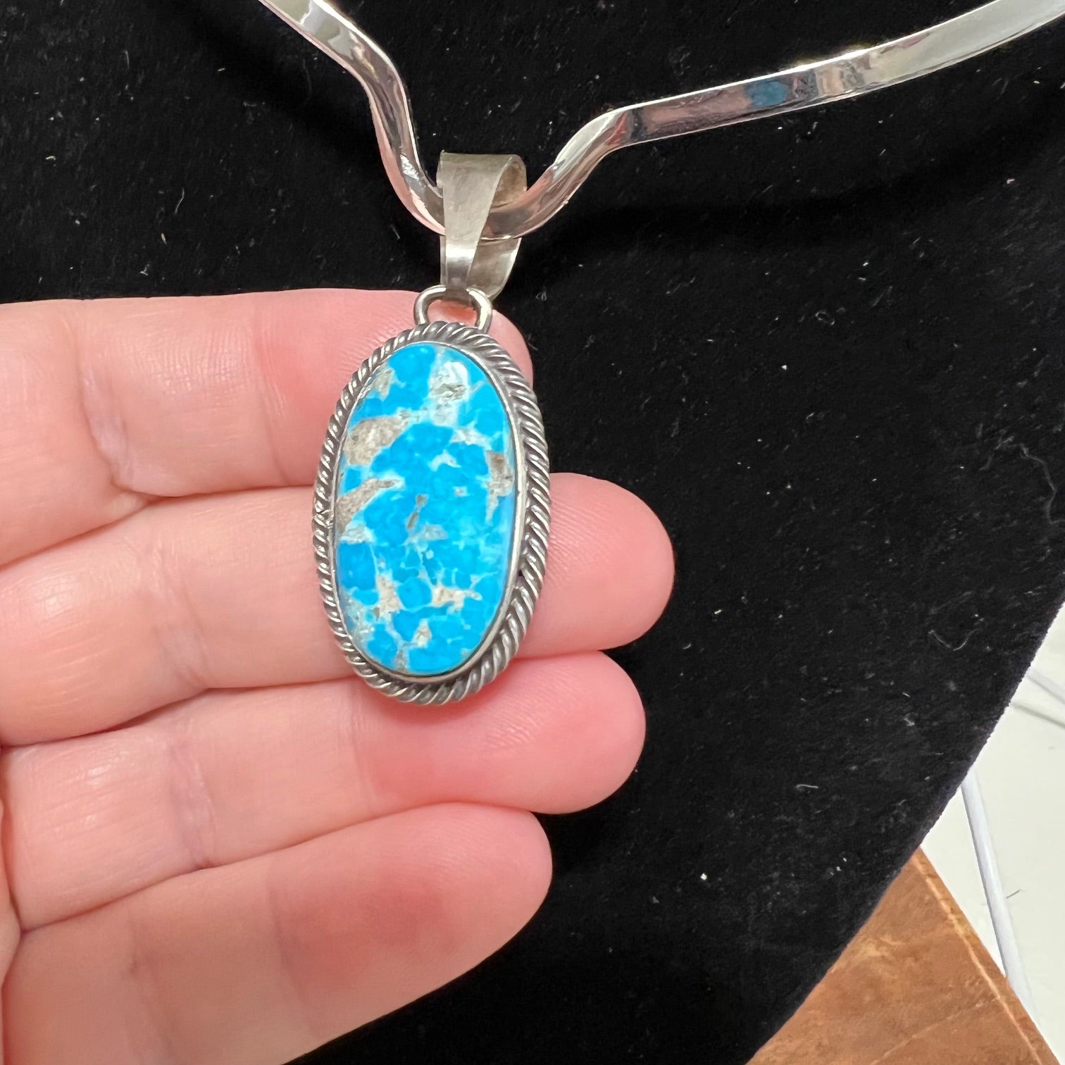 Navajo Handmade Blue Ridge Genuine Turquoise on Sterling Silver Pendant - Artist Betta Lee Cedar Hill Country Market