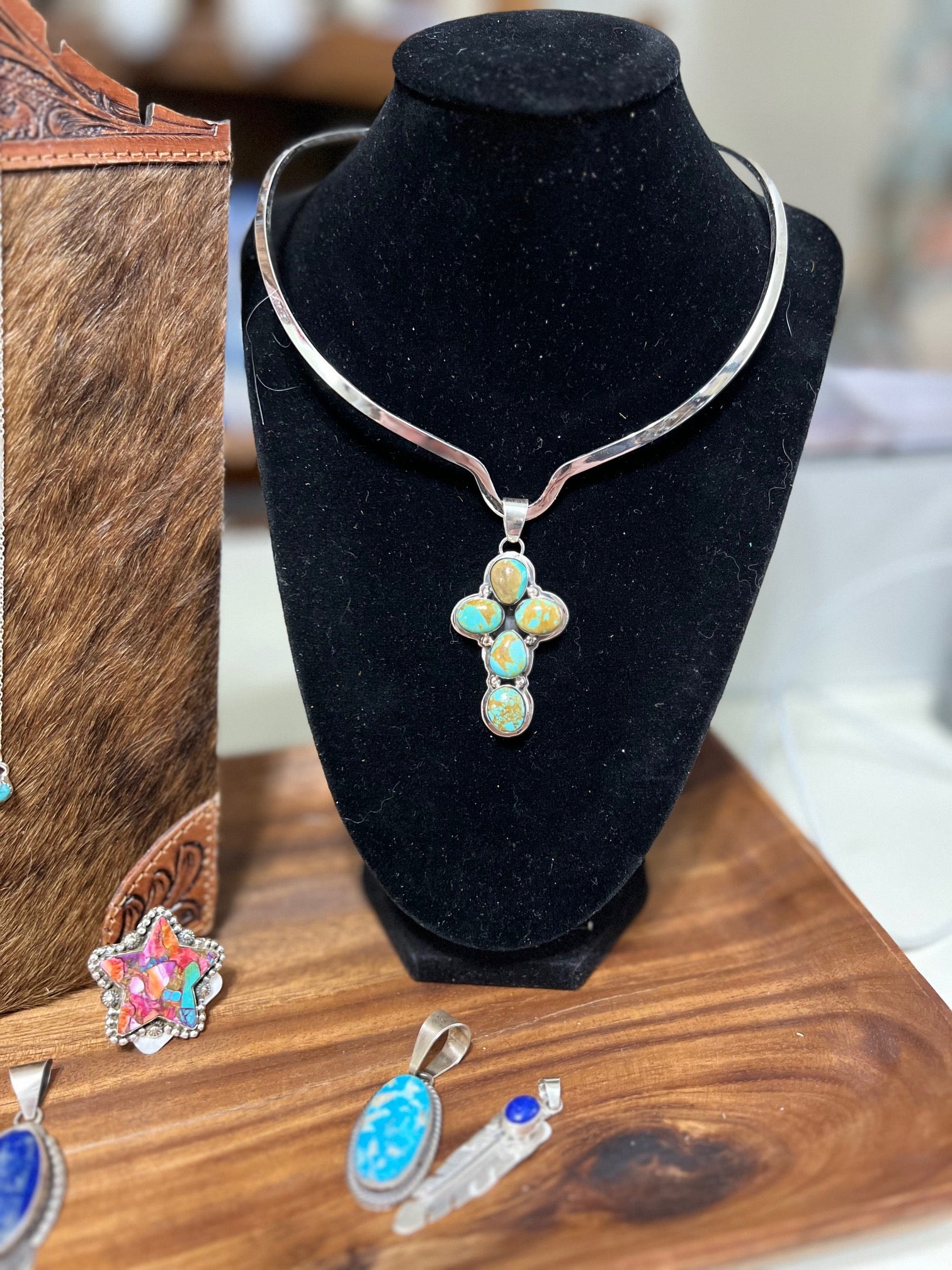 Navajo Handmade Kingman Genuine Turquoise Sterling Silver Pendant - Artist Marie Bahe Cedar Hill Country Market