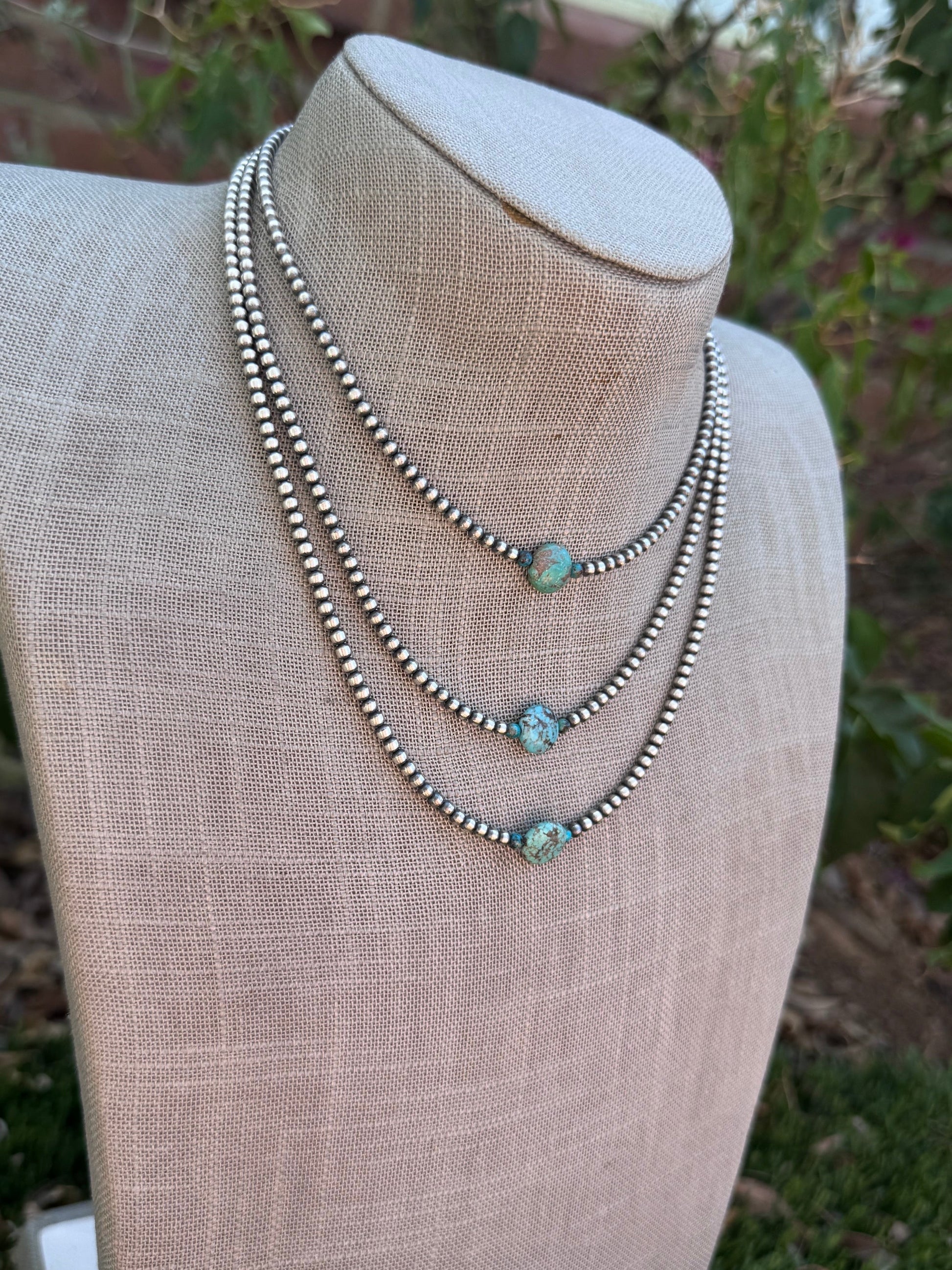 Handcrafted Sterling Silver & Pillow Turquoise 3mm Beaded Necklace Nizhoni Traders LLC