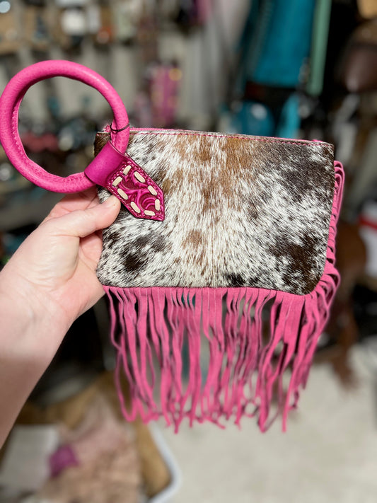 Trinity Ranch Genuine Hair-On Cowhide Ring Handle Wristlet Clutch Bag Cedar Hill Country Market