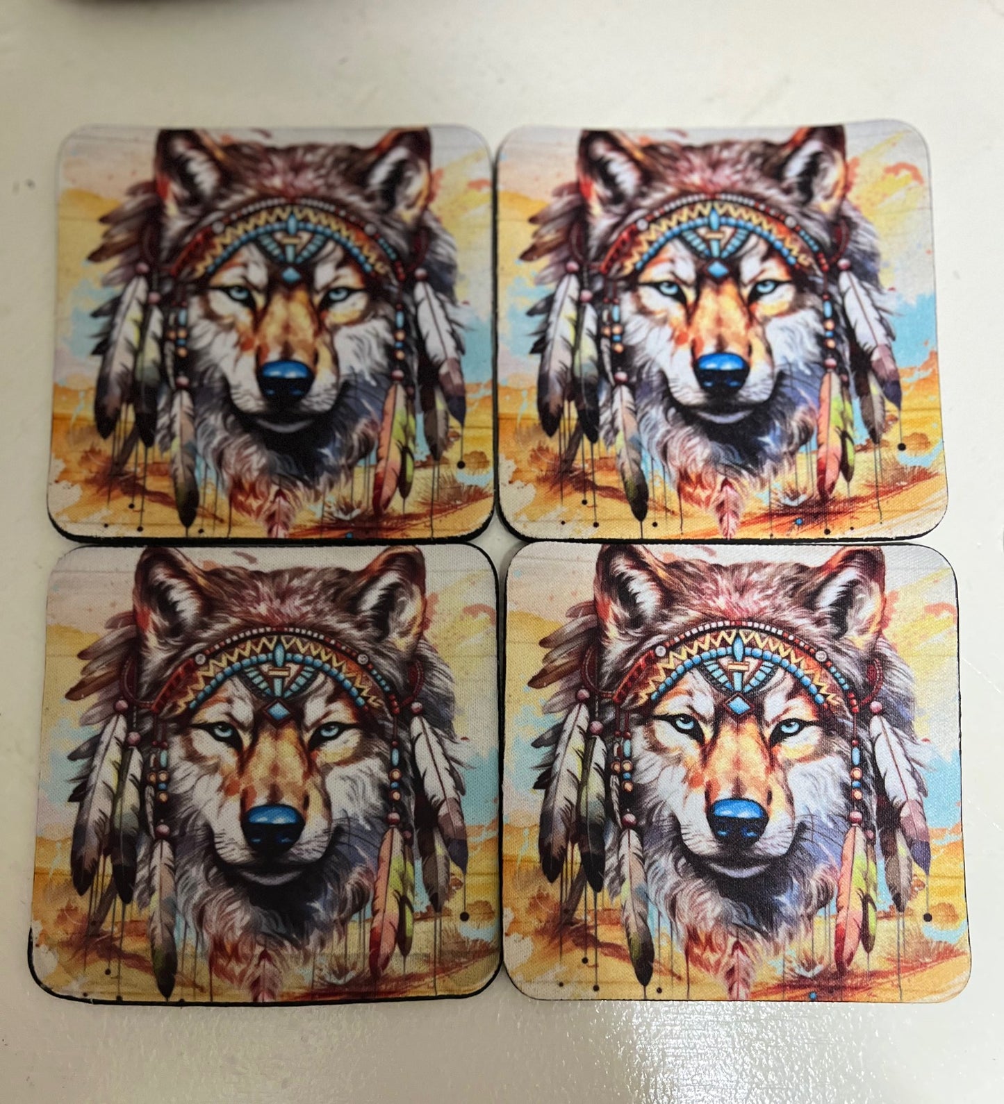 Wolf Native Western Neoprene 4 Inch Square Coasters - Set of 4 Cedar Hill Country Market