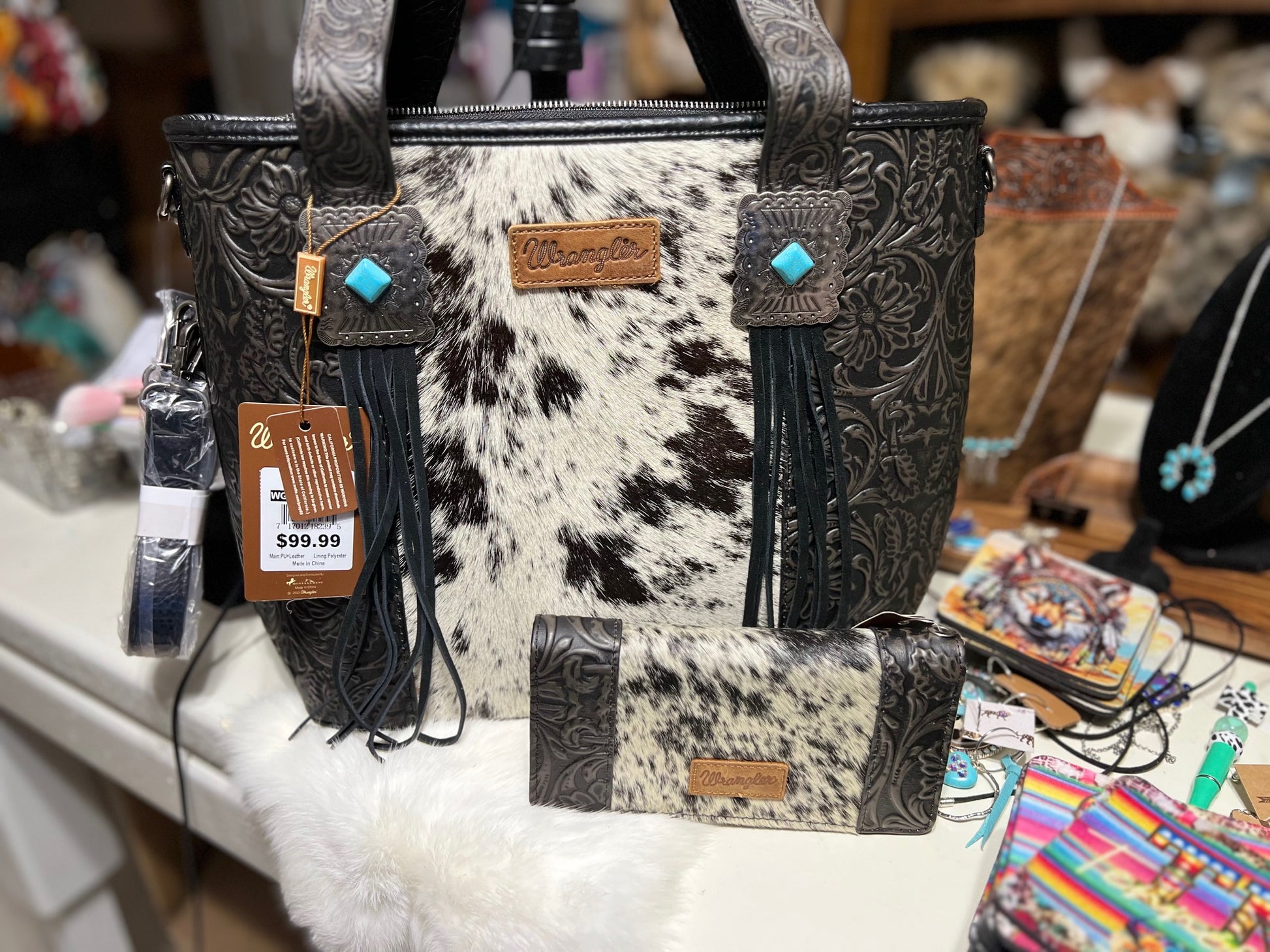 Large Black and White Hair on Hide with Turquoise Stones, Fringe Handbag  Wallet Set Cedar Hill Country Market