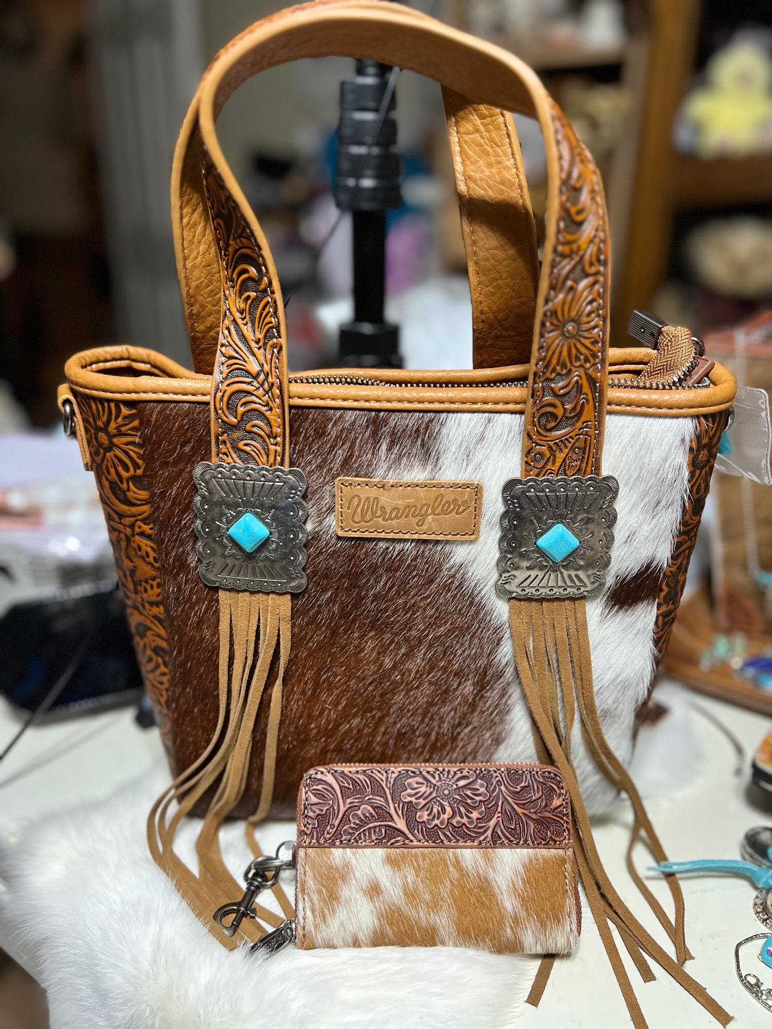 Small Wrangler Shoulder/Crossbody Hair on Hide with Turquoise Stones and Fringe Handbag & Wallet Set Cedar Hill Country Market