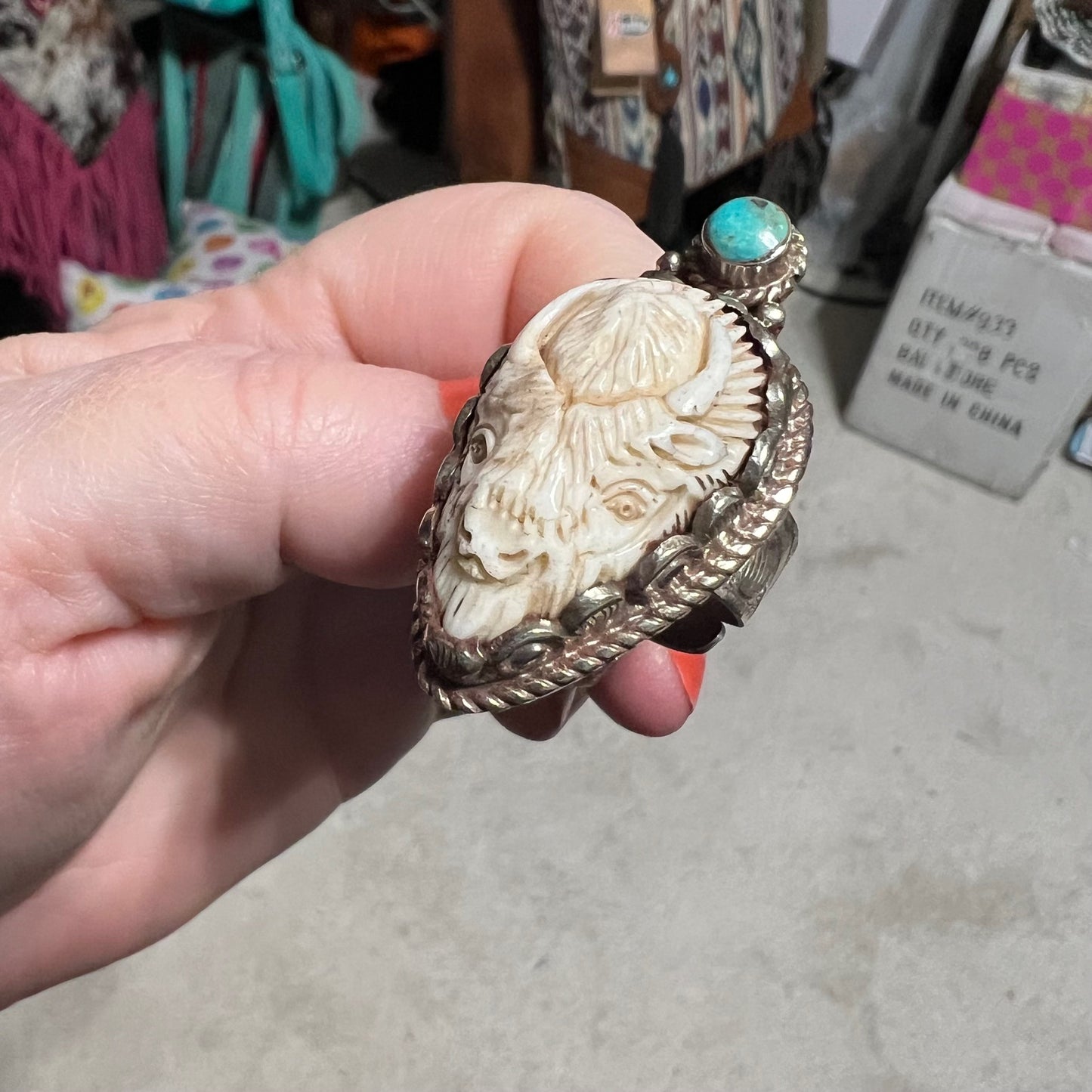 Tibetan Silver Bone Carved Buffalo & Turquoise Ring - Adjustable Cedar Hill Country Market