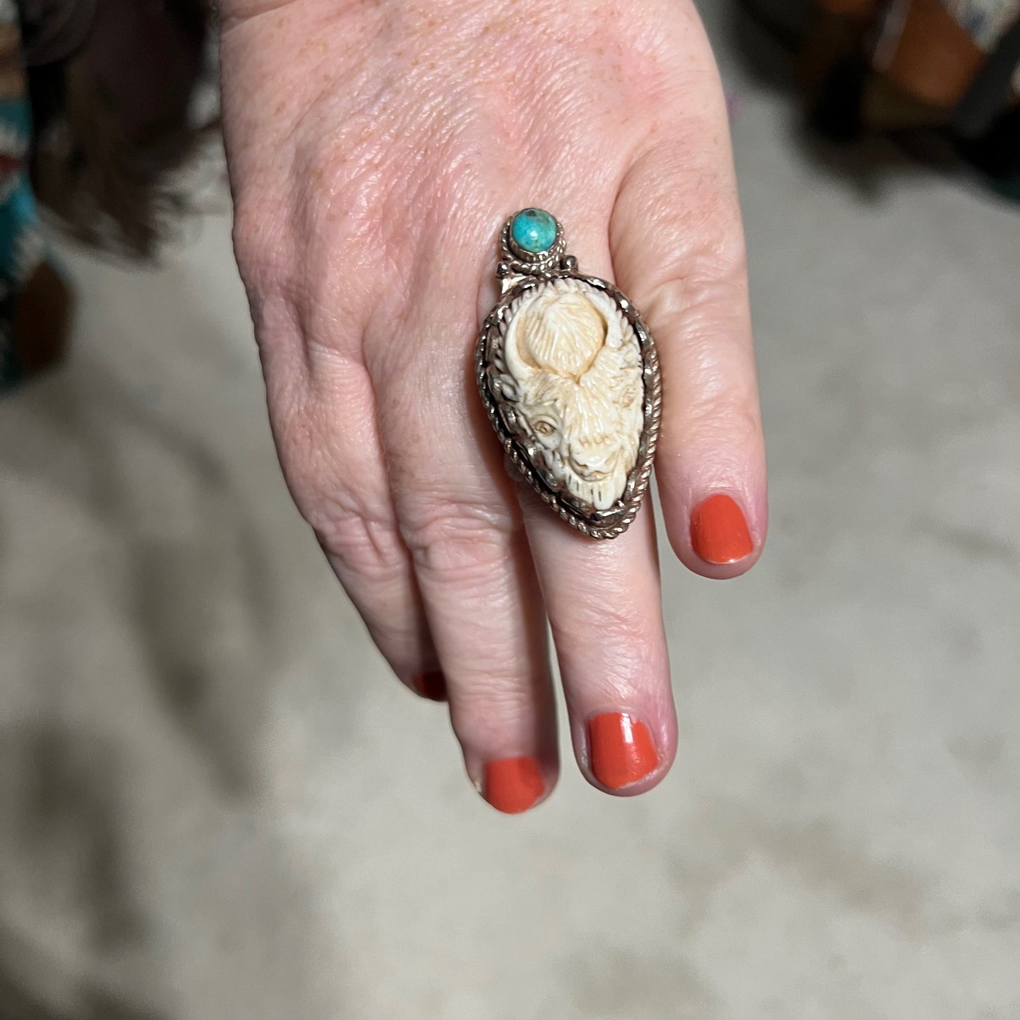 Tibetan Silver Bone Carved Buffalo & Turquoise Ring - Adjustable Cedar Hill Country Market