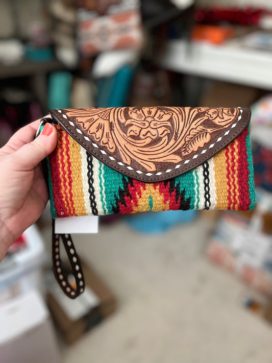 Santa Fe Genuine Leather Tooled Flap Wristlet / Wallet Handbag Cedar Hill Country Market