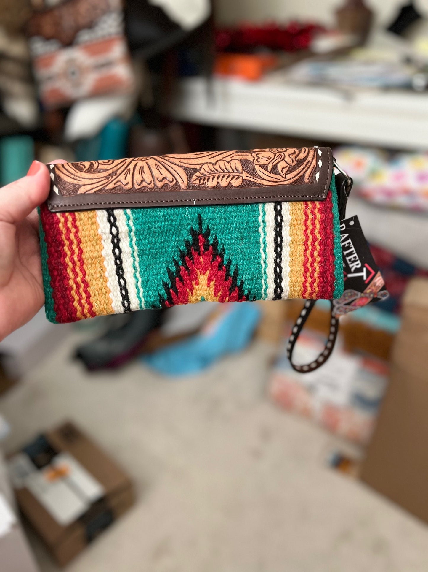 Santa Fe Genuine Leather Tooled Flap Wristlet / Wallet Handbag Cedar Hill Country Market