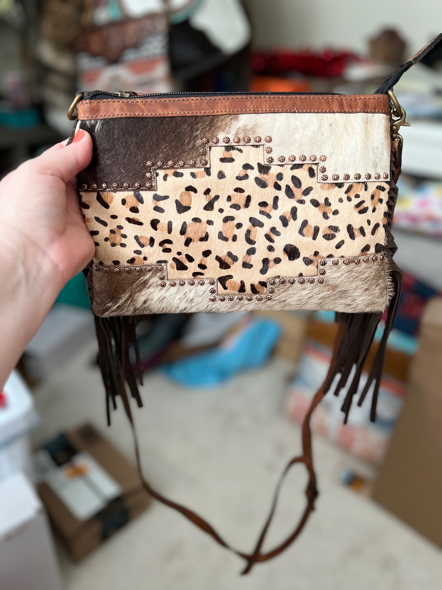 Leather Aztec Leopard Studded Genuine Cowhide Western Crossbody Cedar Hill Country Market