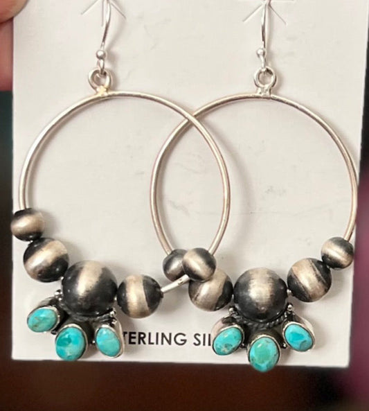 HaDa Kingman Genuine Turquoise Navajo Hoop Pearls Earrings Cedar Hill Country Market