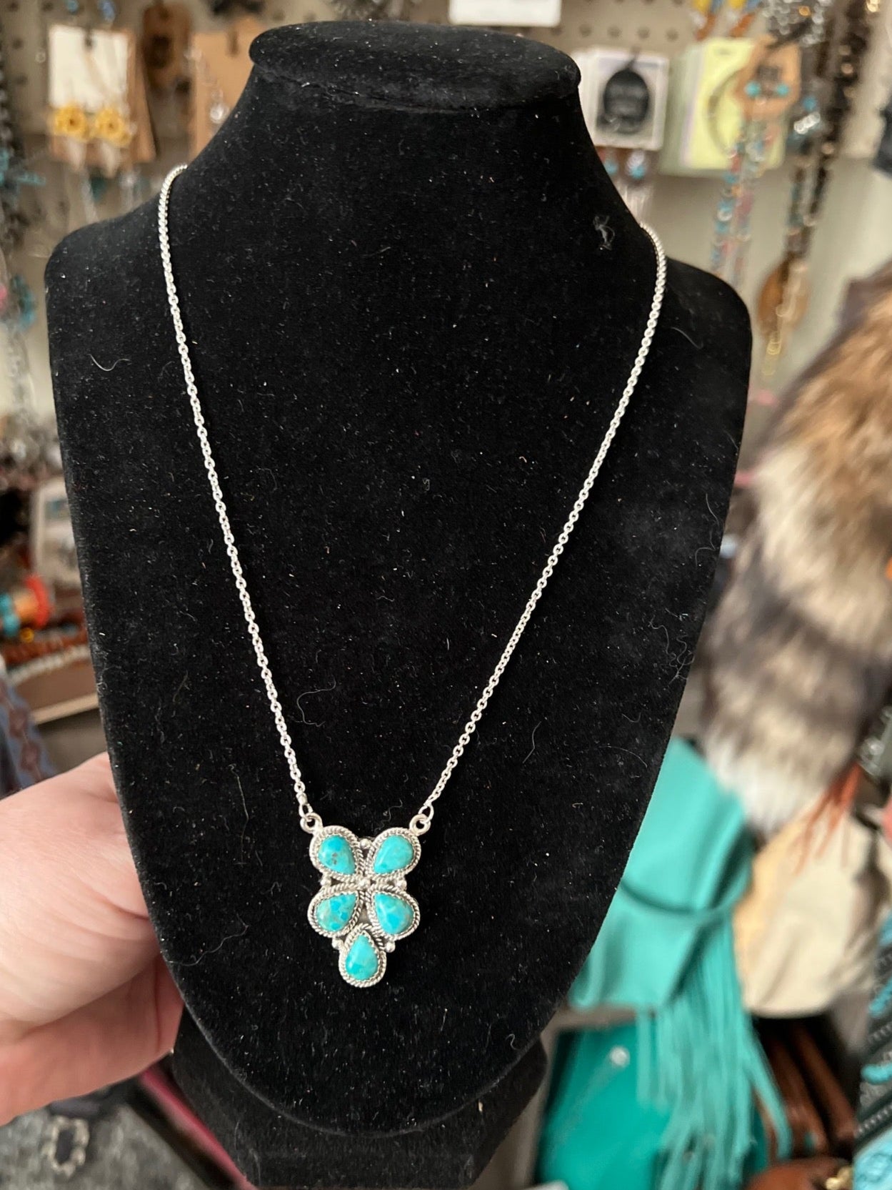 5 Stone Hada Collection Genuine Turquoise Pendant Necklace in Sterling Silver - 18 inch Cedar Hill Country Market