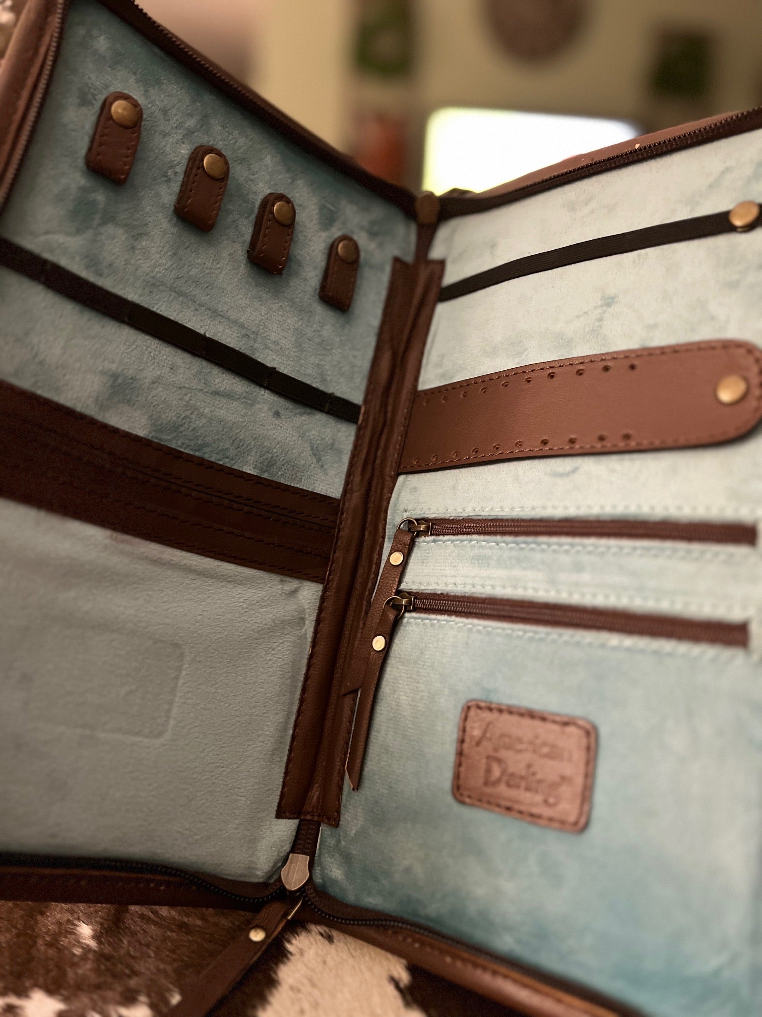 AD - Hair on Hide with Genuine Leather Tooling and Velvet interior Jewelry Case with Zipper Cedar Hill Country Market