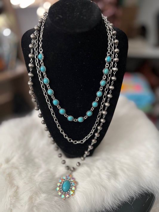 Tri-Level Layered Beaded Turquoise Necklace