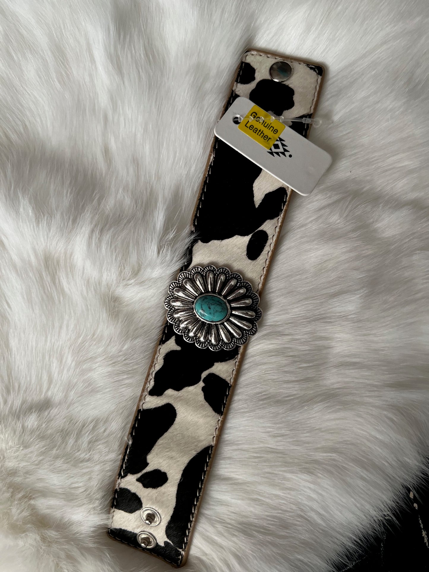 Cowhide Genuine Leather Concho Bracelet with Adjustable Snap Closure