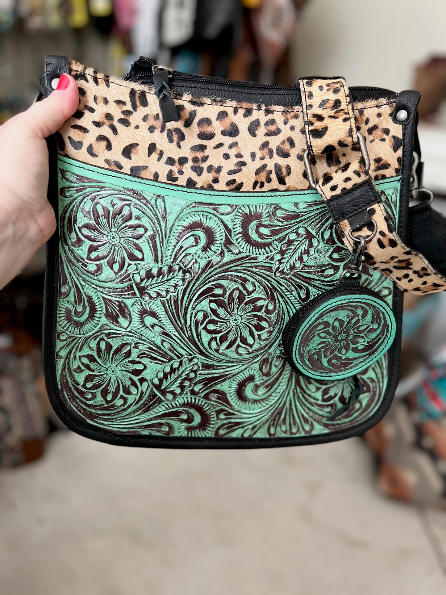 Franky Leopard and Hand Tooled Turquoise Genuine Leather Crossbody