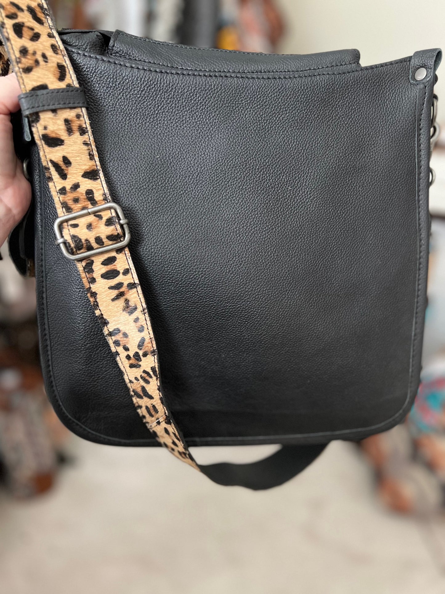 Franky Leopard and Hand Tooled Turquoise Genuine Leather Crossbody