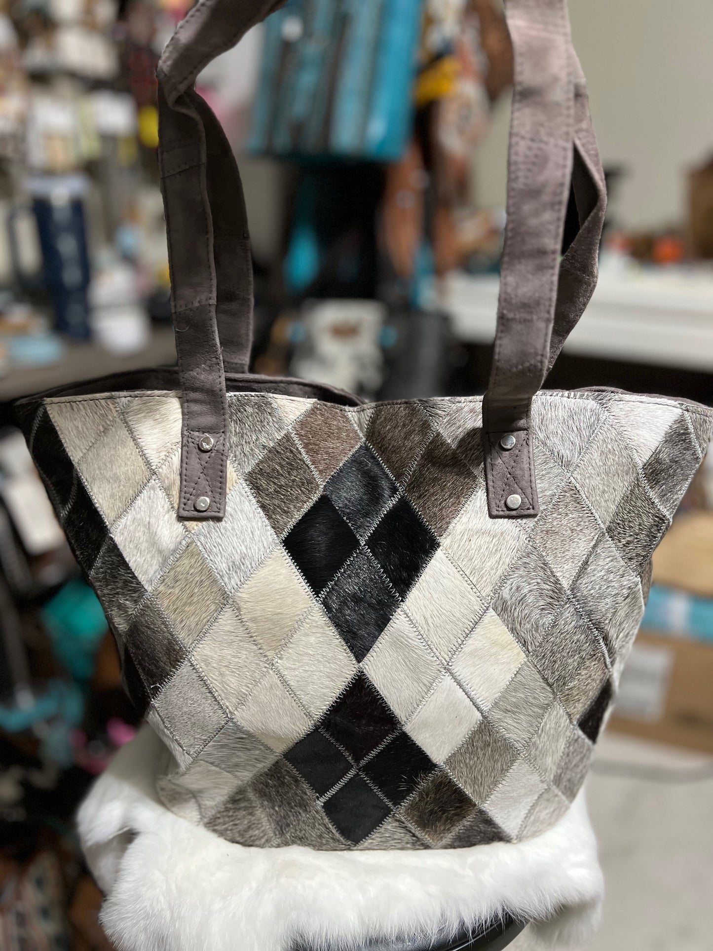 Cowhide Patchwork Platinum Tote Bag