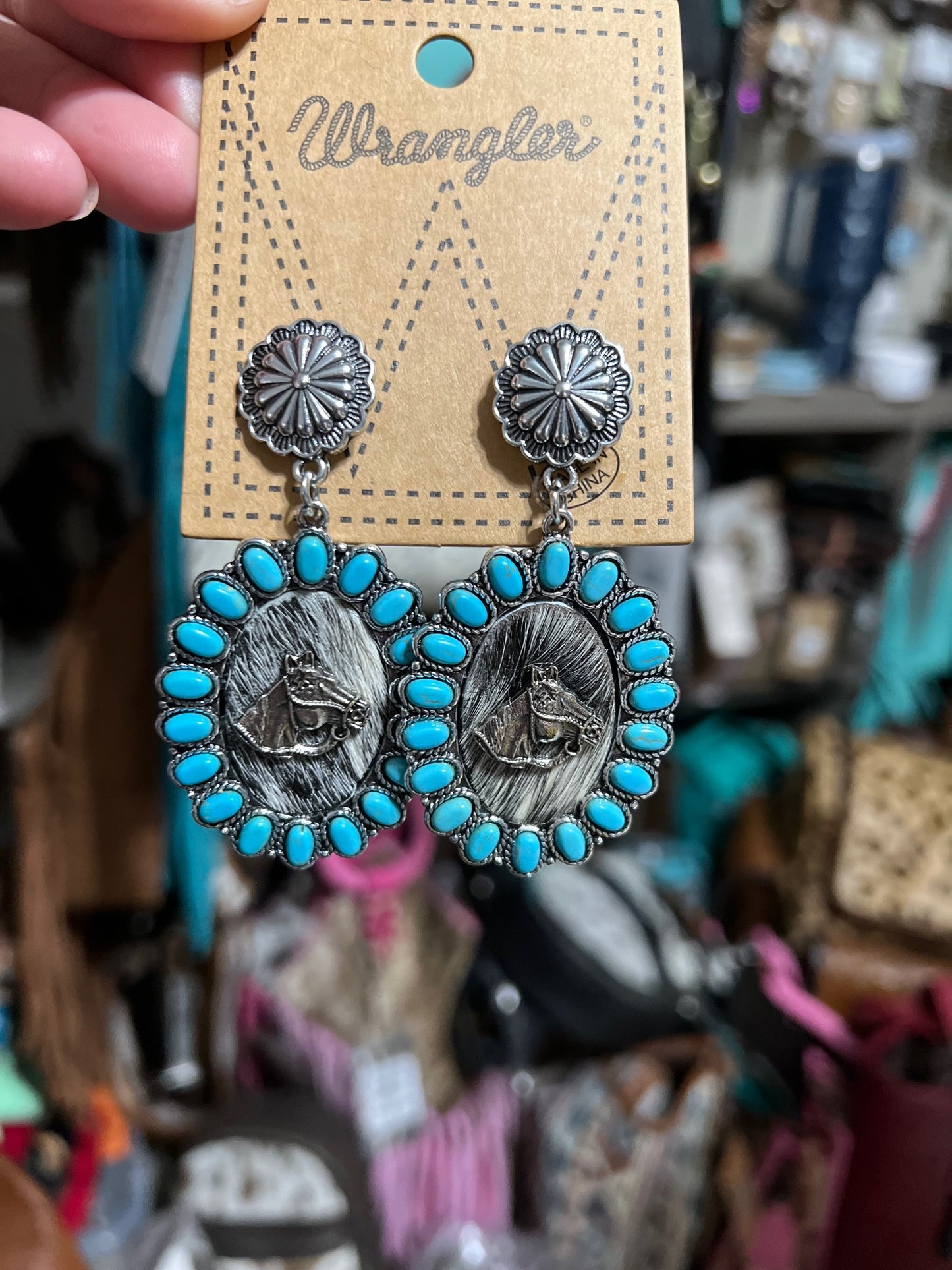 Wrangler Equestrian & Cowhide Turquoise Concho Post Back Earrings